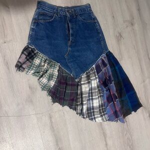 Asymmetrical Denim Skirt with Plaid Ruffle